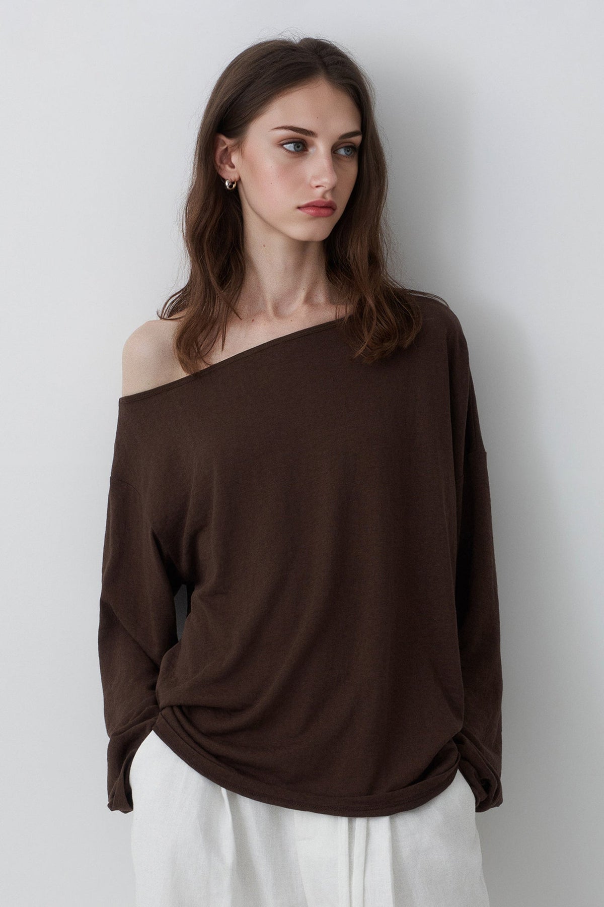 Slouchy Off Shoulder Brown Top