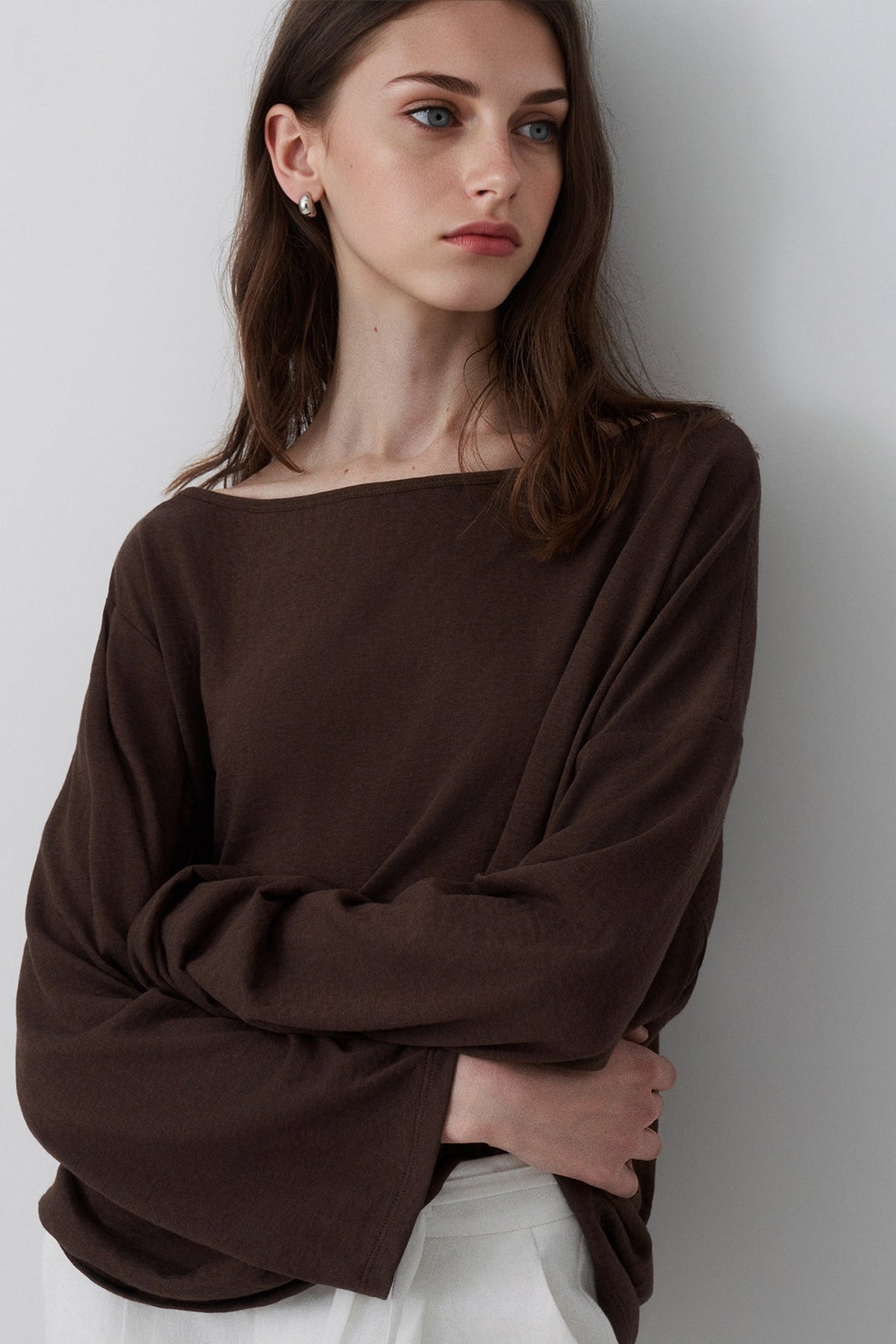 Slouchy Off Shoulder Brown Top