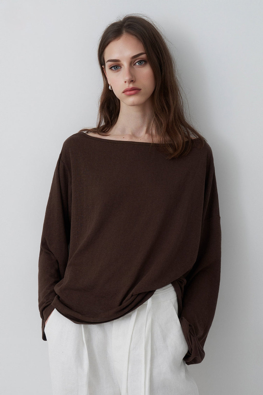 Slouchy Off Shoulder Brown Top