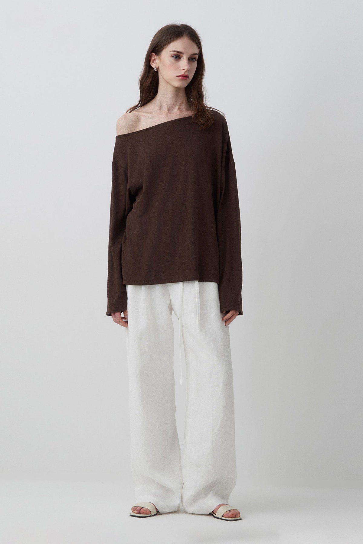 Slouchy Off Shoulder Brown Top