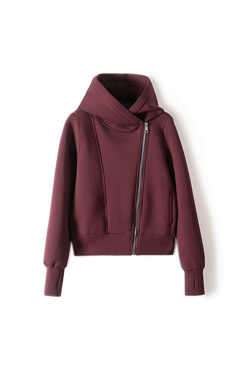 Soft Acetate-Cashmere Blend Asymmetric Zip Up Hooded Sweatshirt with Thumb Holes