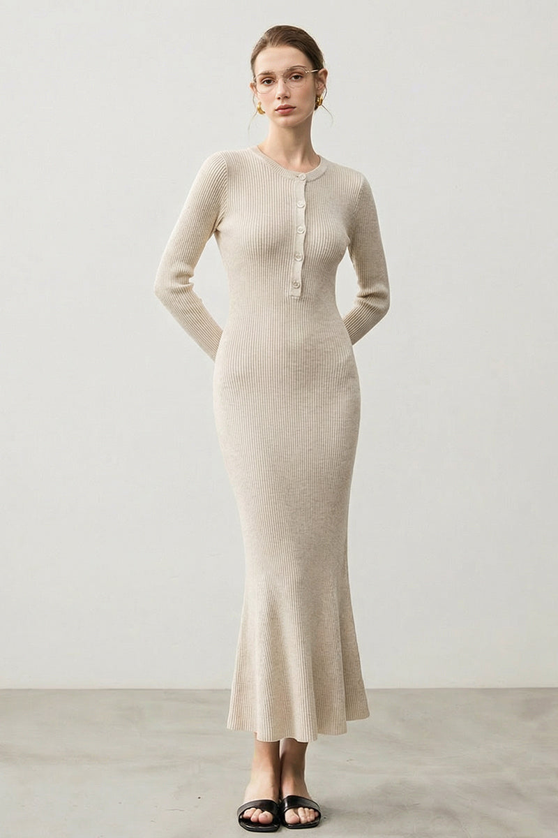 Soft Ribbed Long Sleeve Crewneck Maxi Sweater Dress