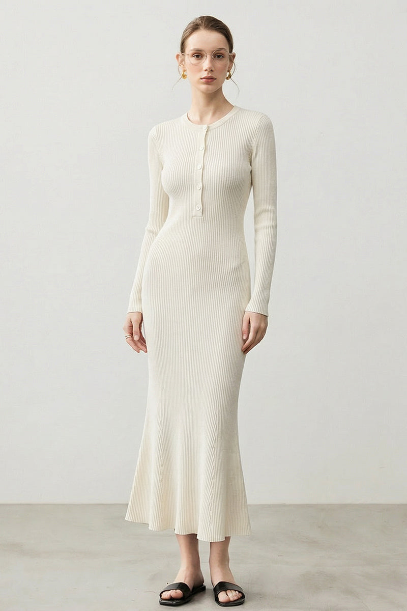 Soft Ribbed Long Sleeve Crewneck Maxi Sweater Dress