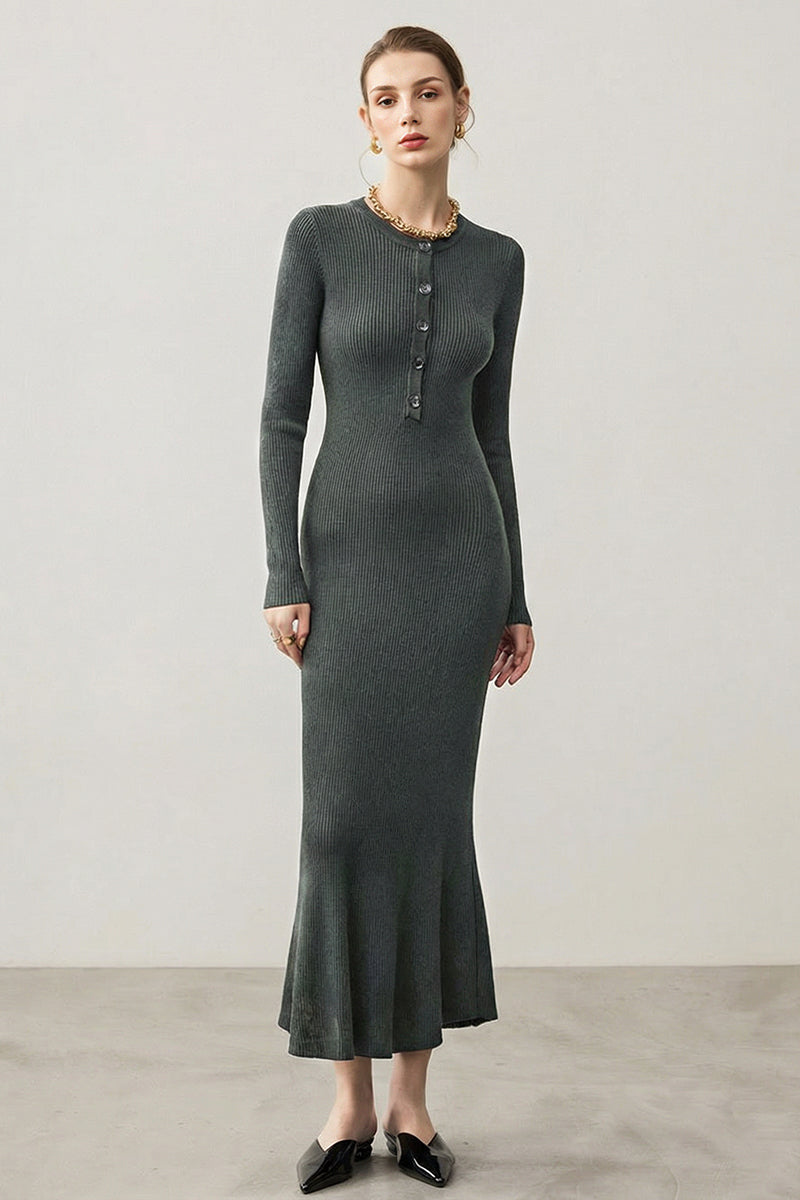 Soft Ribbed Long Sleeve Crewneck Maxi Sweater Dress