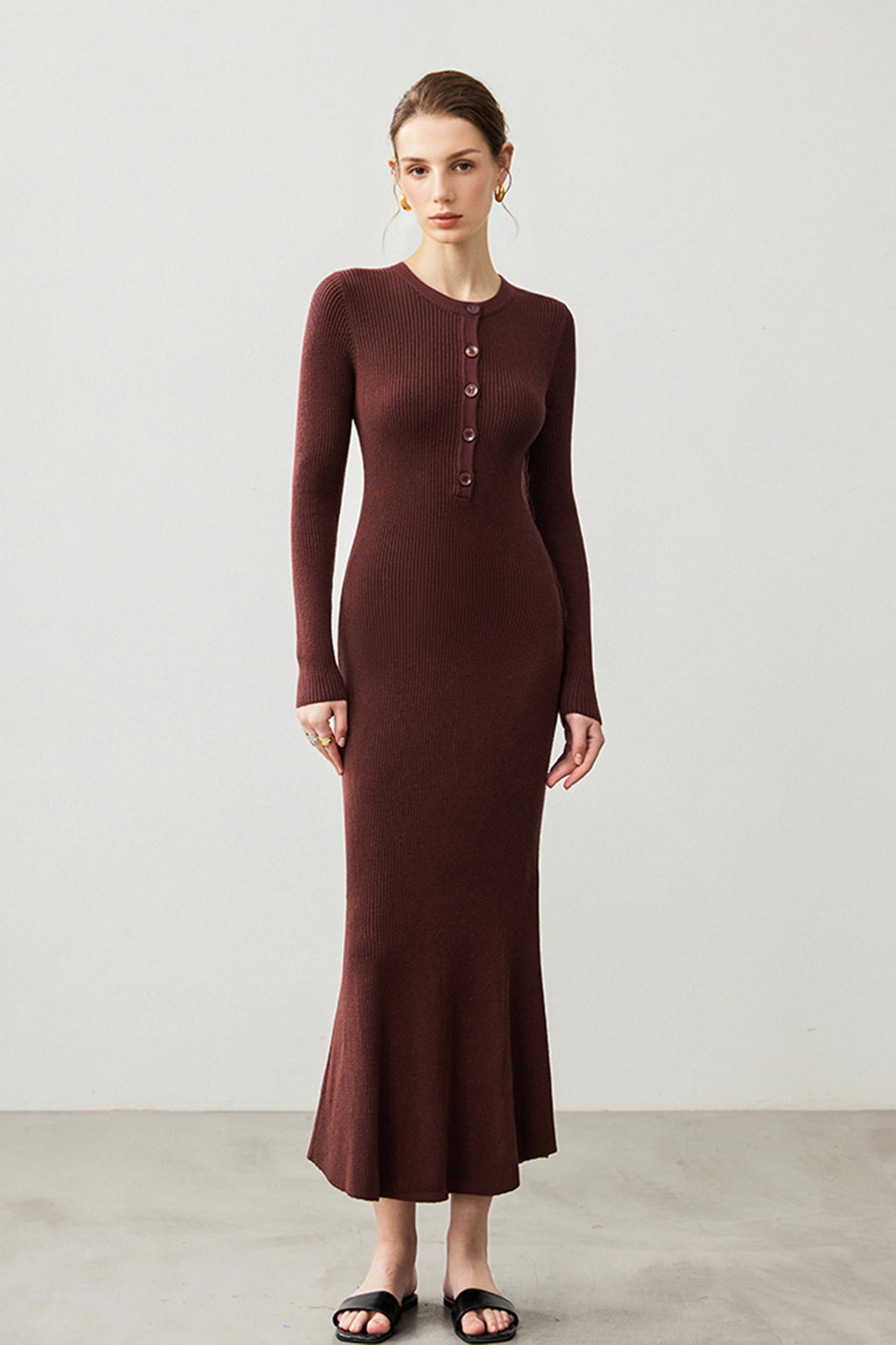 Soft Ribbed Long Sleeve Crewneck Maxi Sweater Dress