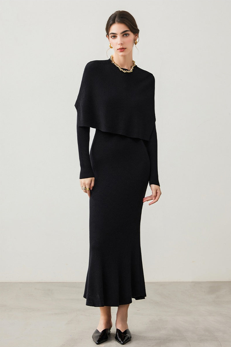 Soft Ribbed Long Sleeve Maxi Sweater Dress with Poncho