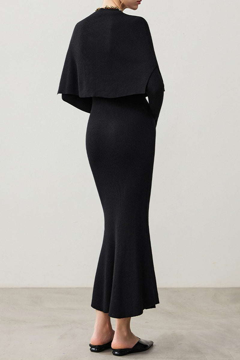 Soft Ribbed Long Sleeve Maxi Sweater Dress with Poncho