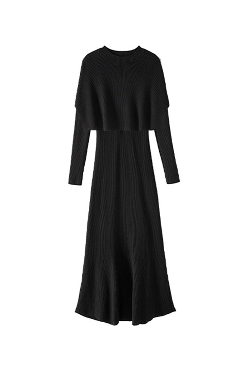 Soft Ribbed Long Sleeve Maxi Sweater Dress with Poncho