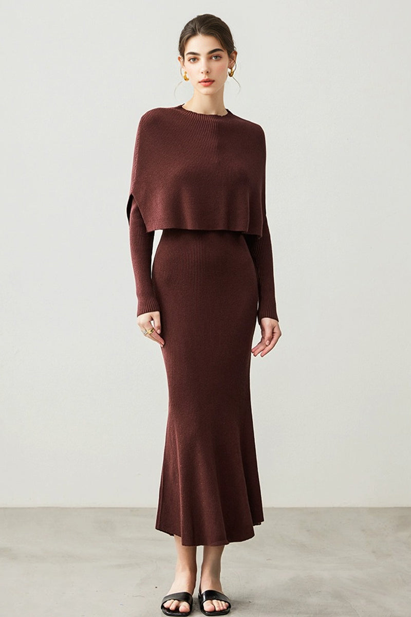 Soft Ribbed Long Sleeve Maxi Sweater Dress with Poncho