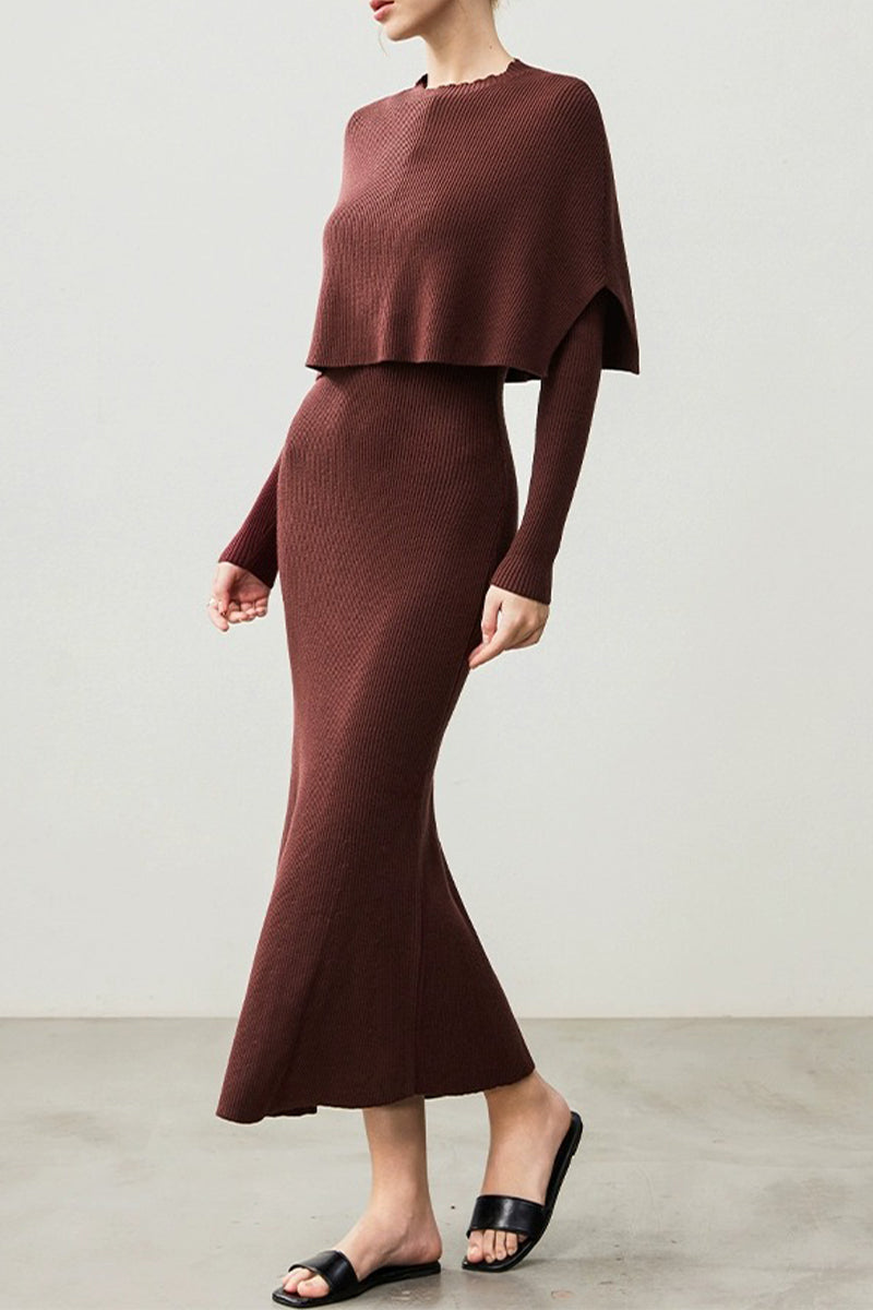 Soft Ribbed Long Sleeve Maxi Sweater Dress with Poncho