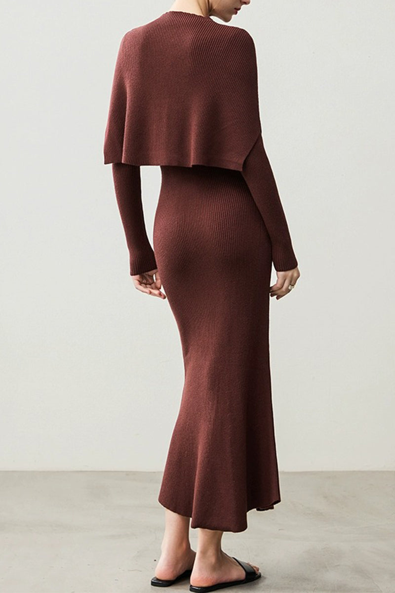 Soft Ribbed Long Sleeve Maxi Sweater Dress with Poncho