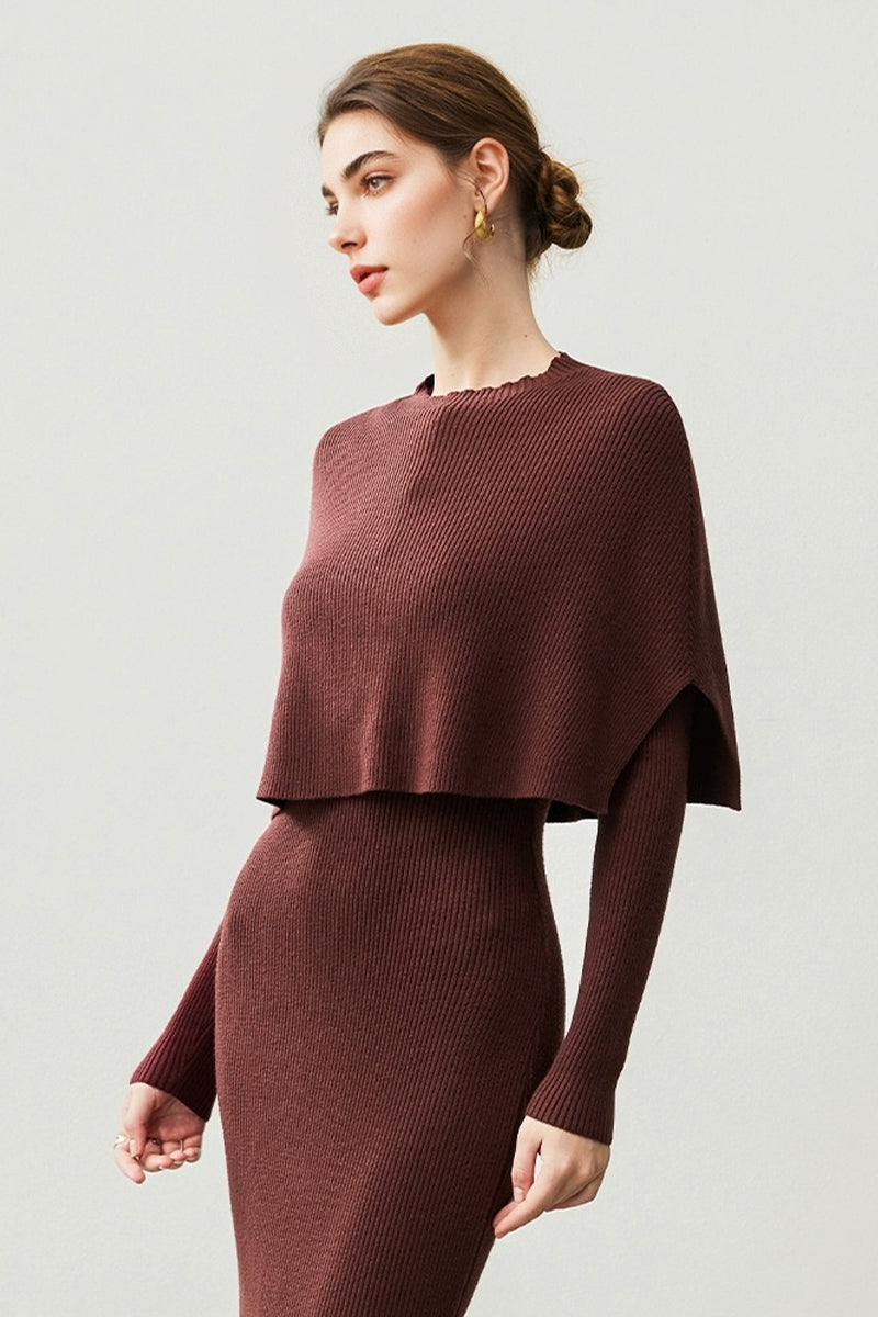 Soft Ribbed Long Sleeve Maxi Sweater Dress with Poncho
