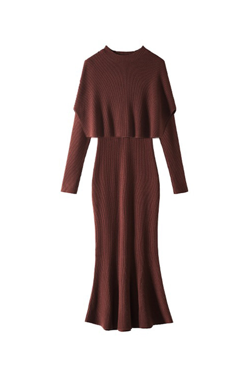 Soft Ribbed Long Sleeve Maxi Sweater Dress with Poncho