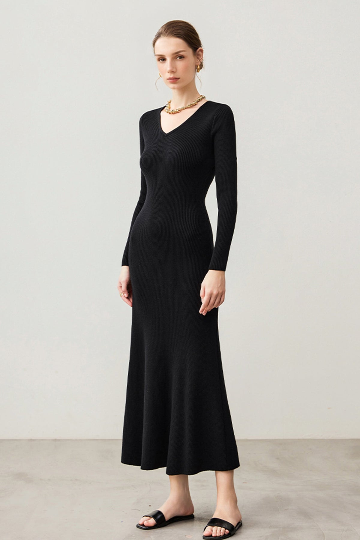 Soft Ribbed Long Sleeve V-Neck Maxi Sweater Dress