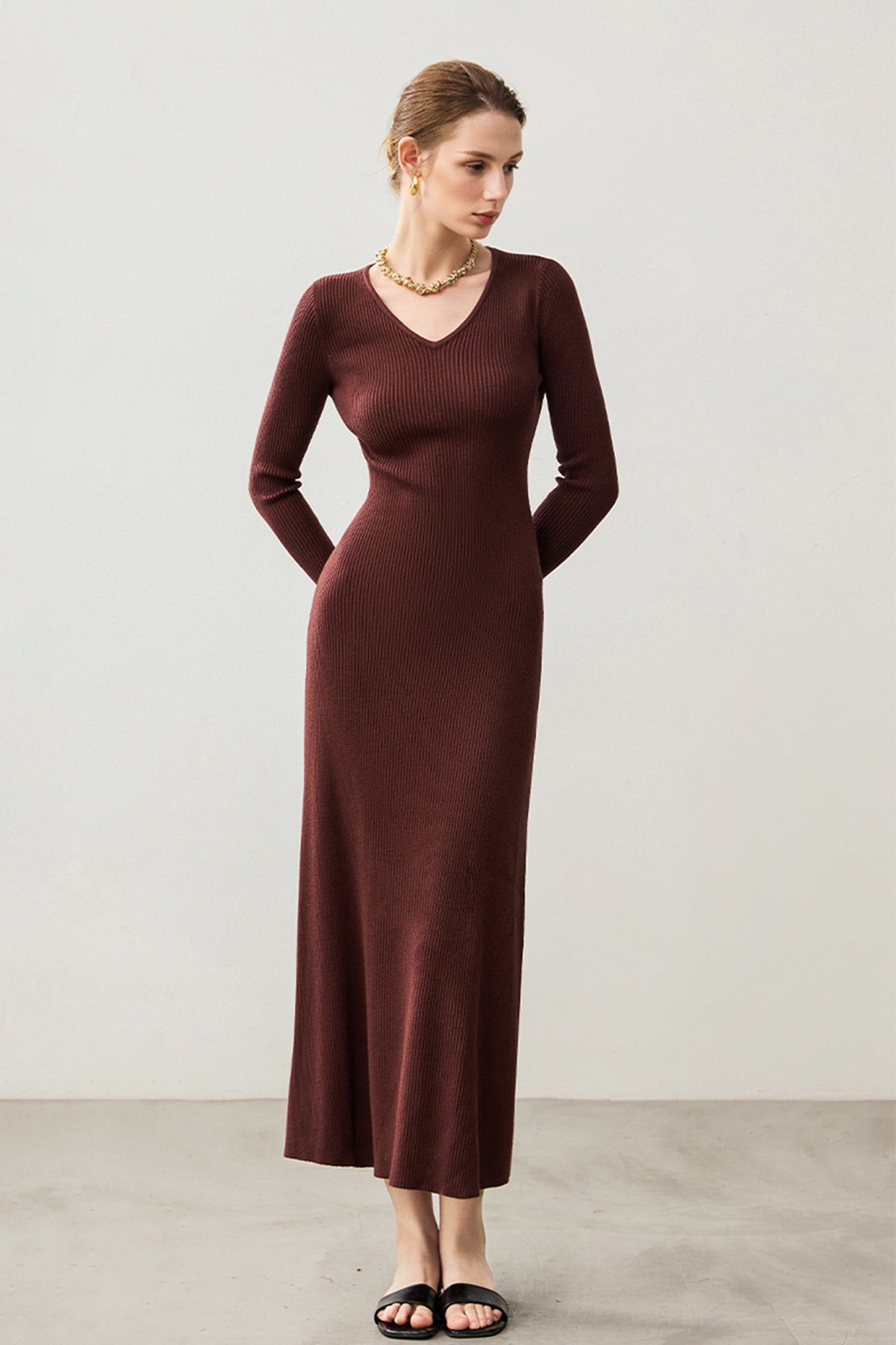 Soft Ribbed Long Sleeve V-Neck Maxi Sweater Dress