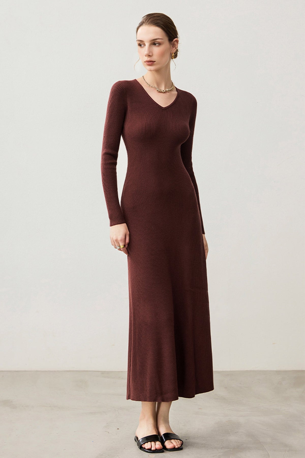 Soft Ribbed Long Sleeve V-Neck Maxi Sweater Dress