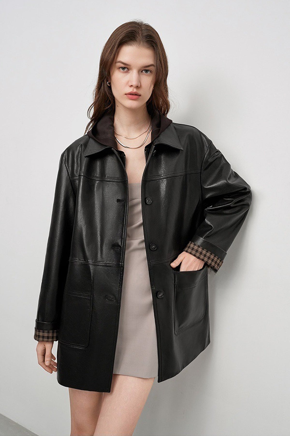 Spanish Sheepskin Leather Shirt Jacket with Plaid Cuff
