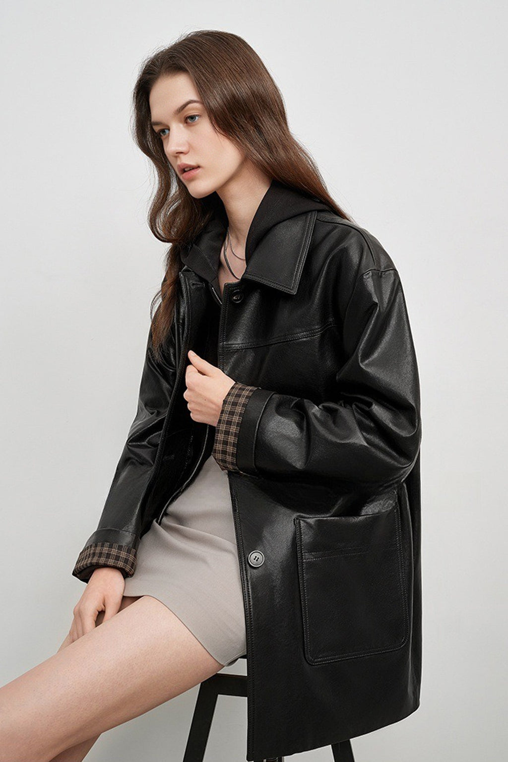 Spanish Sheepskin Leather Shirt Jacket with Plaid Cuff