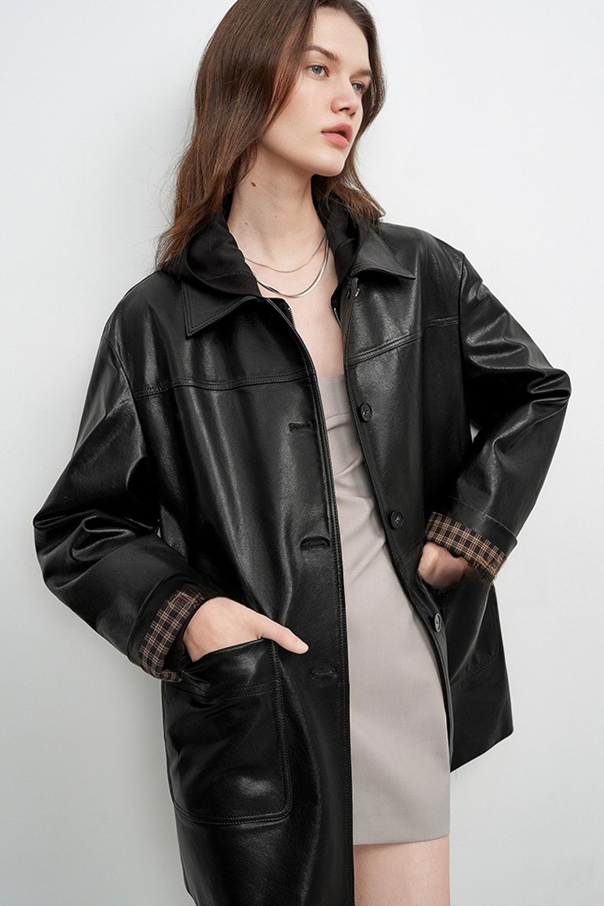 Spanish Sheepskin Leather Shirt Jacket with Plaid Cuff