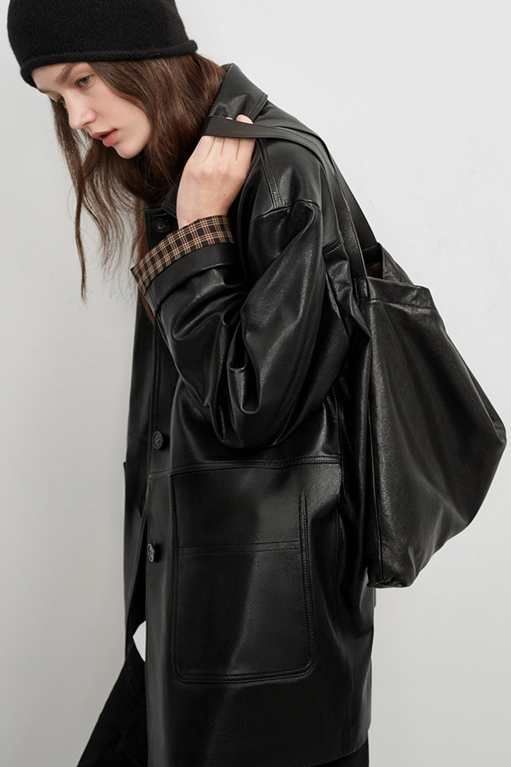 Spanish Sheepskin Leather Shirt Jacket with Plaid Cuff