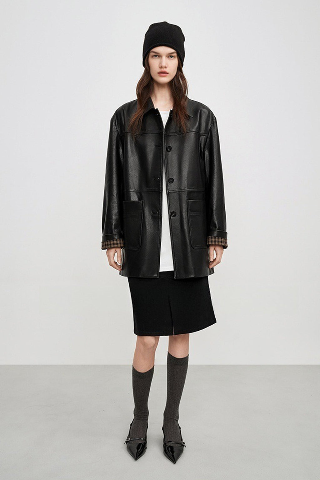 Spanish Sheepskin Leather Shirt Jacket with Plaid Cuff