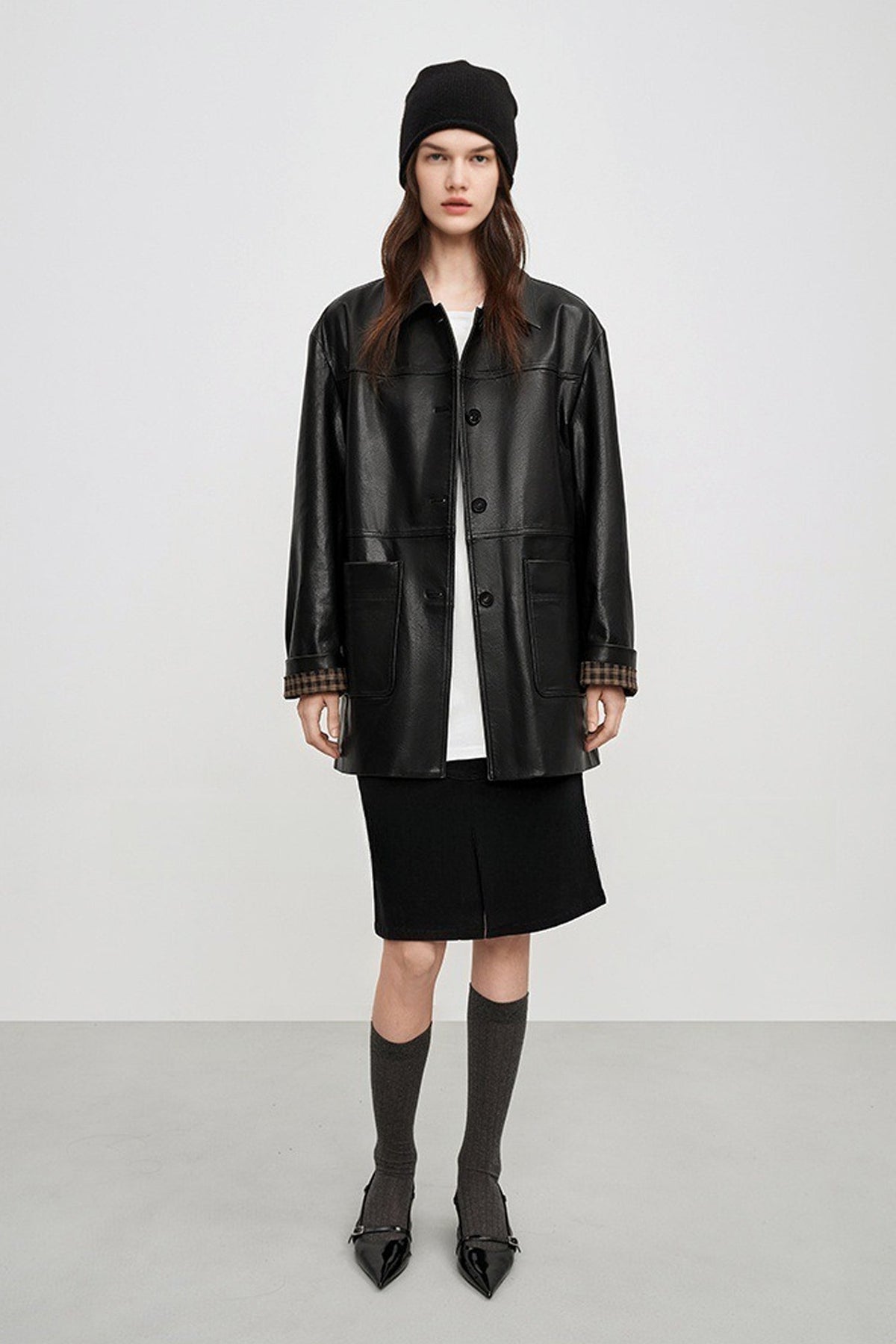 Spanish Sheepskin Leather Shirt Jacket with Plaid Cuff