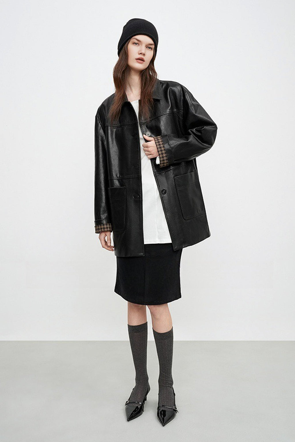 Spanish Sheepskin Leather Shirt Jacket with Plaid Cuff