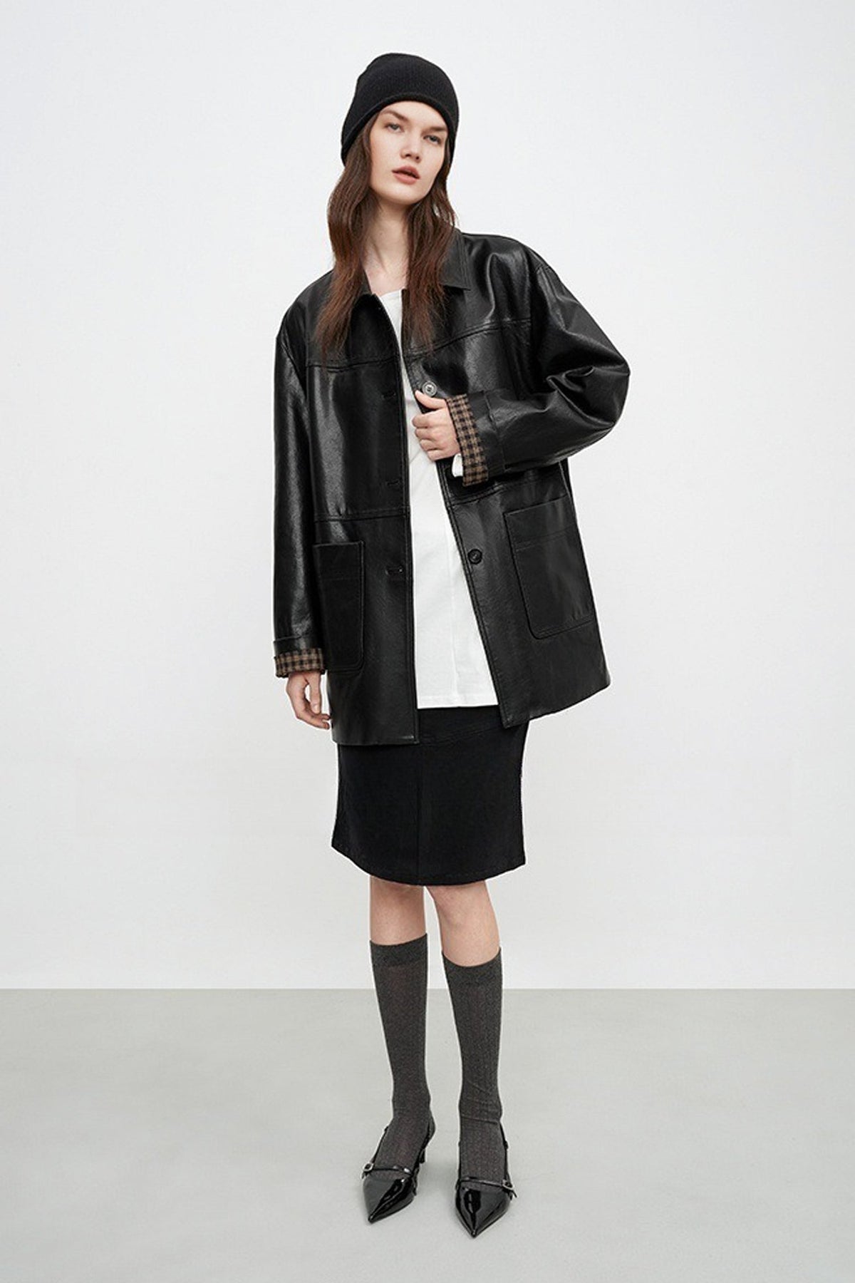Spanish Sheepskin Leather Shirt Jacket with Plaid Cuff