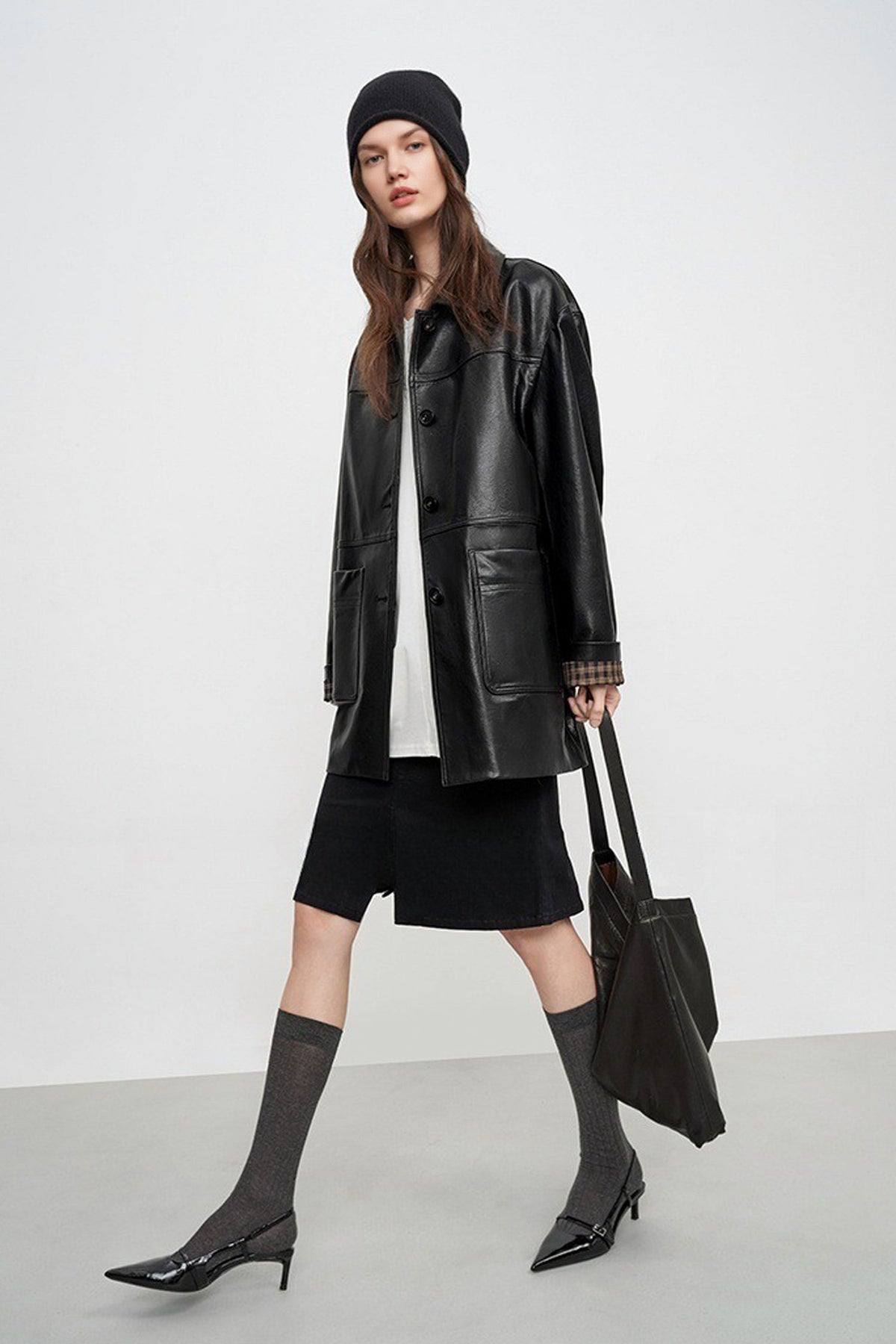 Spanish Sheepskin Leather Shirt Jacket with Plaid Cuff