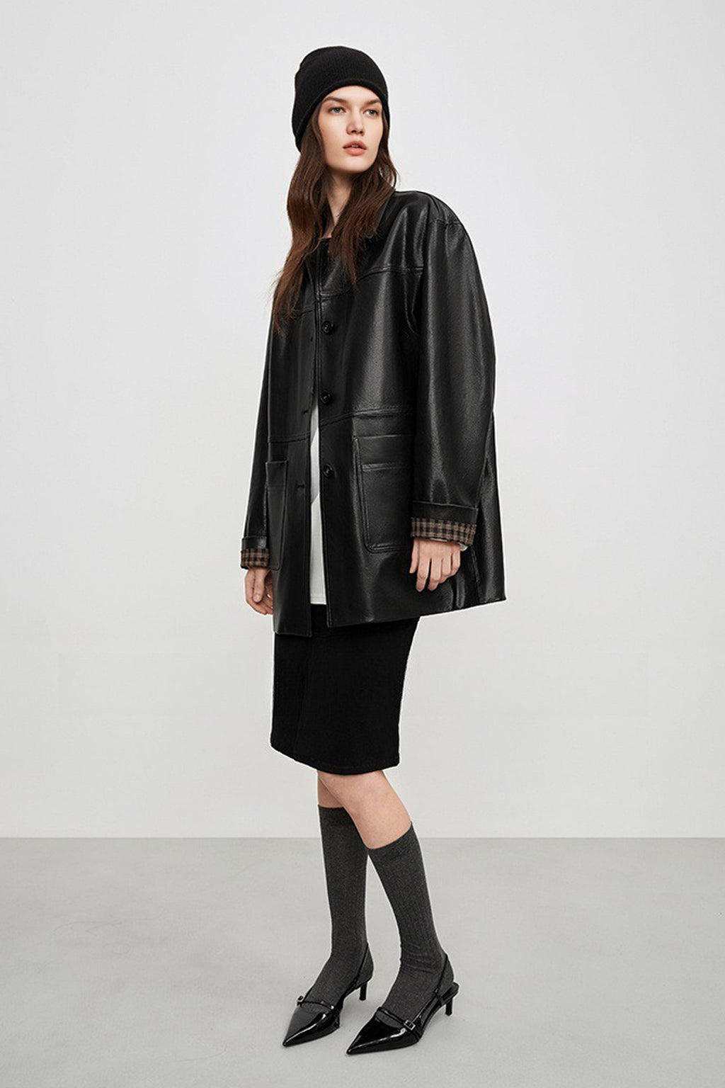 Spanish Sheepskin Leather Shirt Jacket with Plaid Cuff
