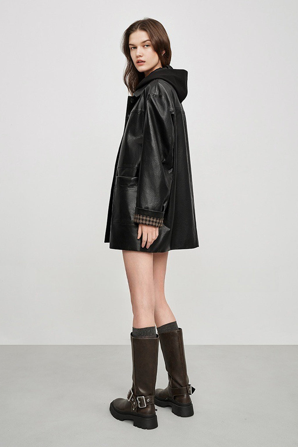 Spanish Sheepskin Leather Shirt Jacket with Plaid Cuff