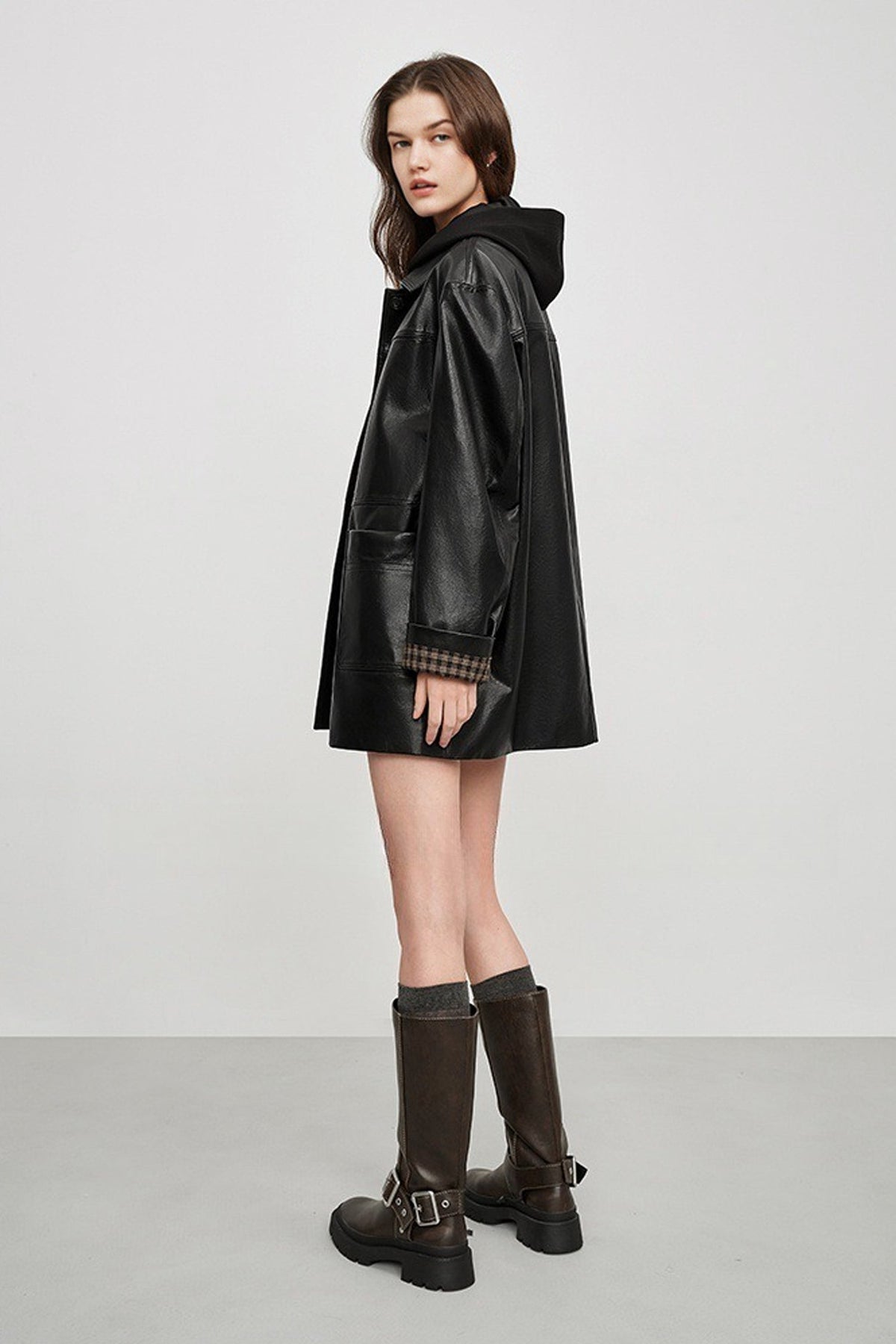 Spanish Sheepskin Leather Shirt Jacket with Plaid Cuff