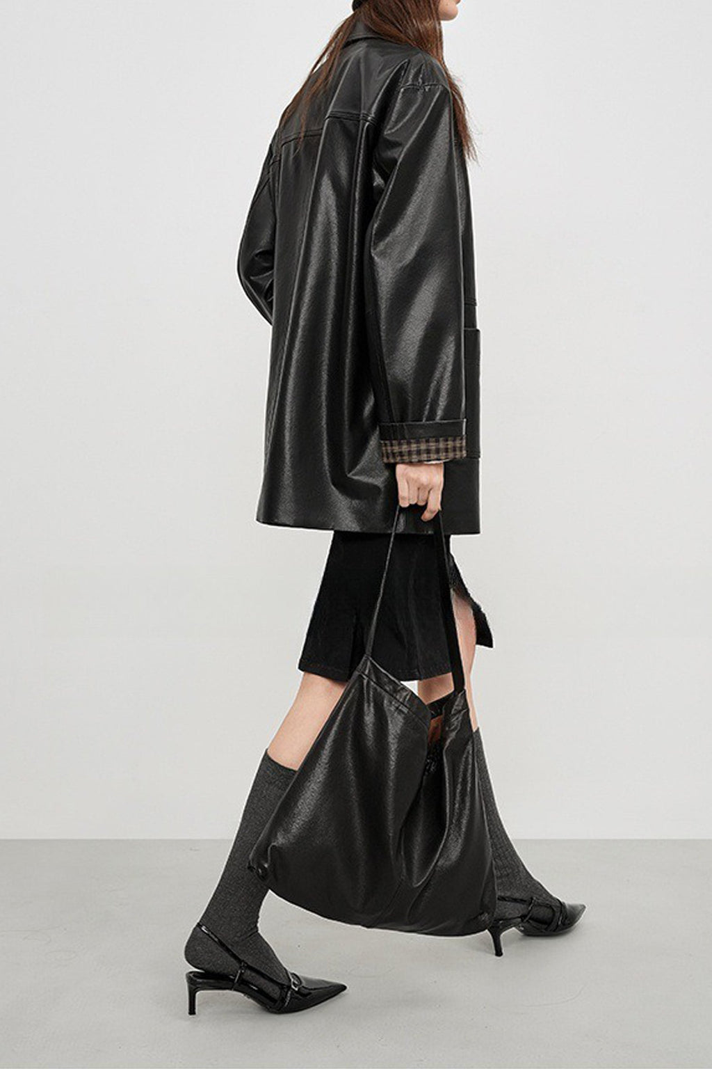 Spanish Sheepskin Leather Shirt Jacket with Plaid Cuff