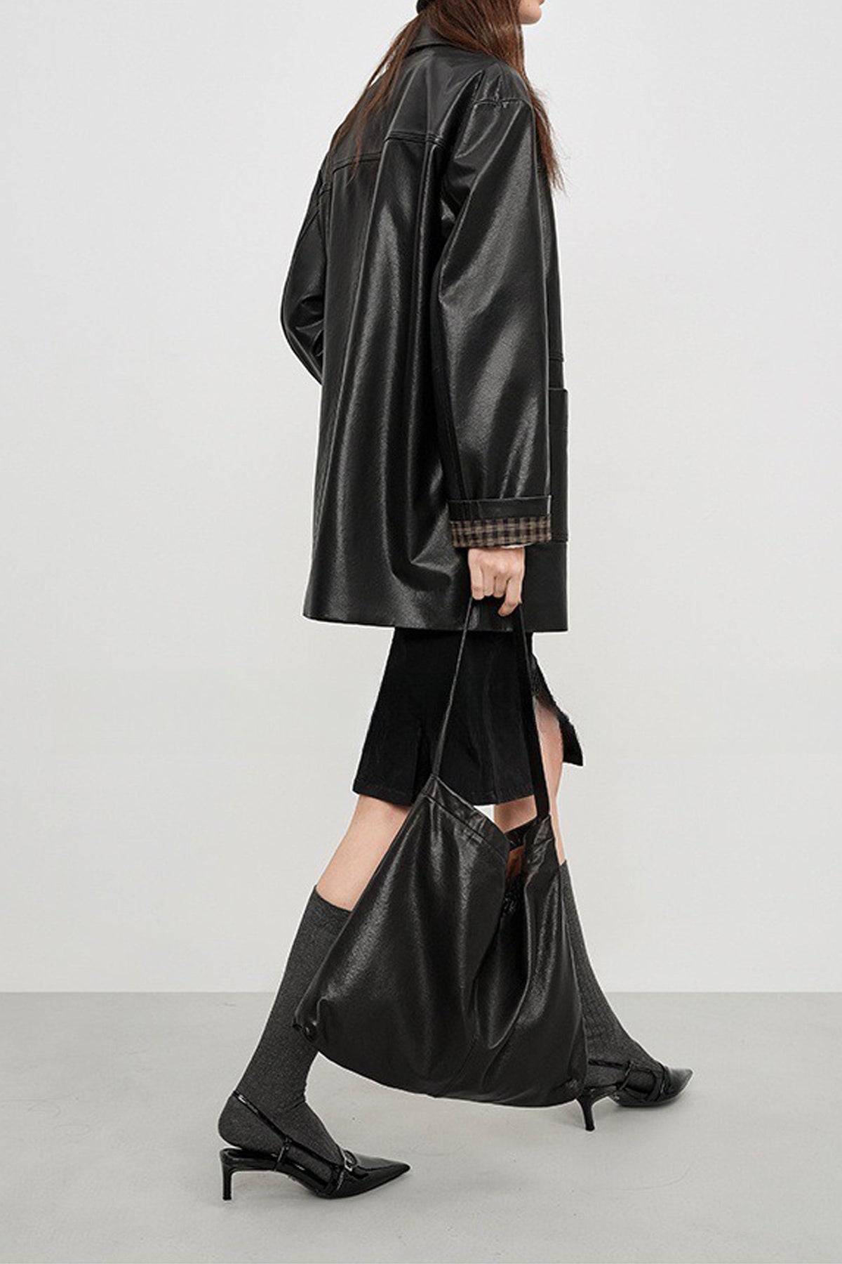 Spanish Sheepskin Leather Shirt Jacket with Plaid Cuff