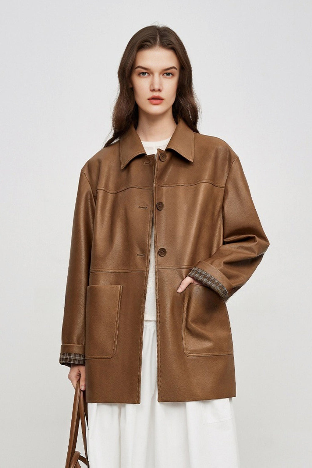 Spanish Sheepskin Leather Shirt Jacket with Plaid Cuff