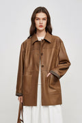 Spanish Sheepskin Leather Shirt Jacket with Plaid Cuff
