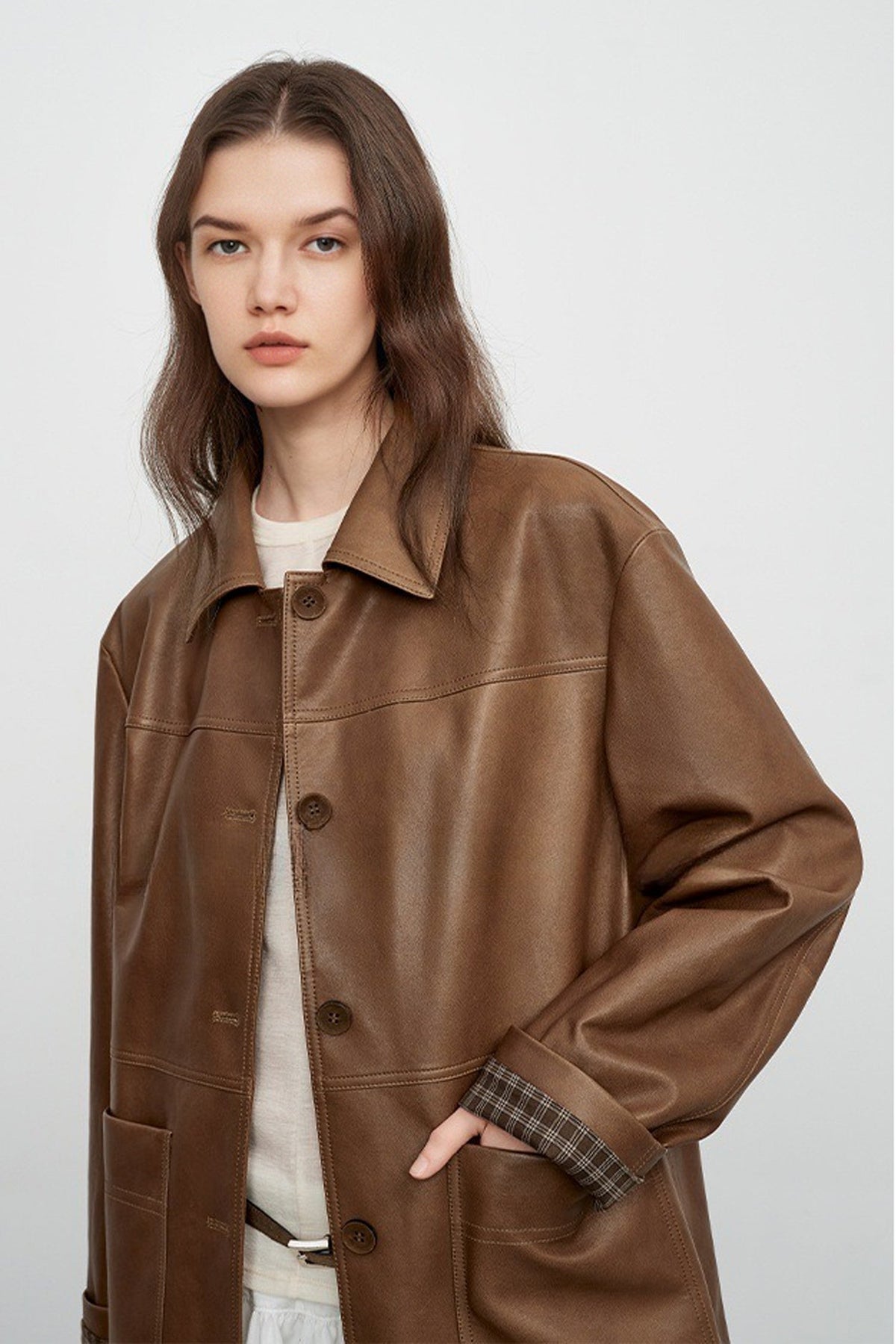 Spanish Sheepskin Leather Shirt Jacket with Plaid Cuff