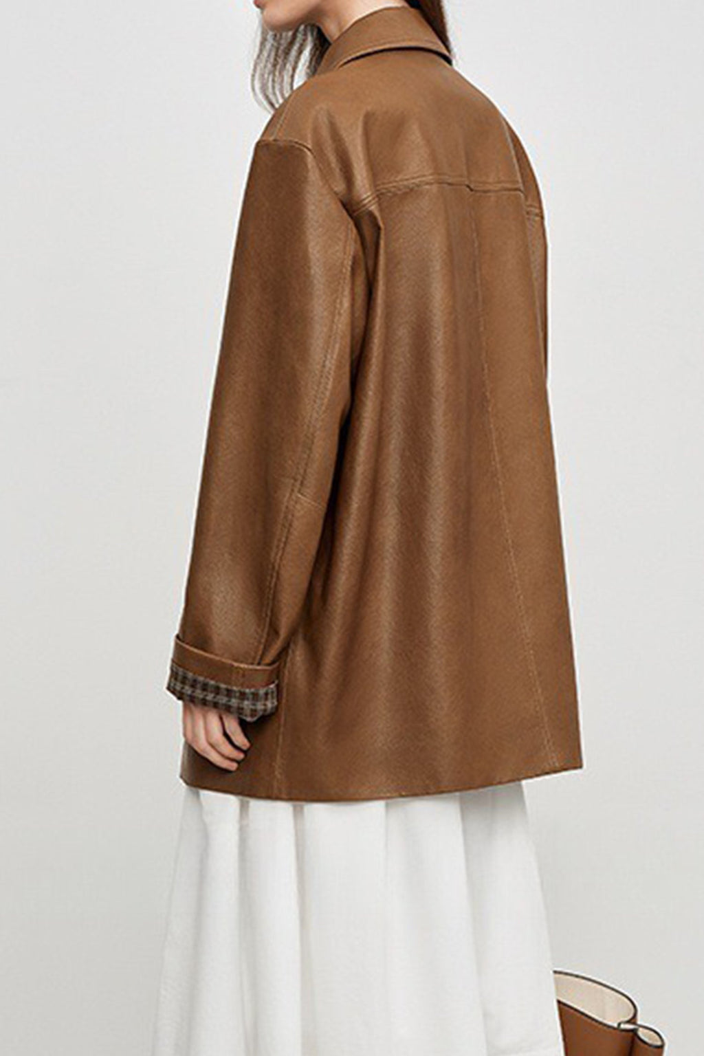 Spanish Sheepskin Leather Shirt Jacket with Plaid Cuff