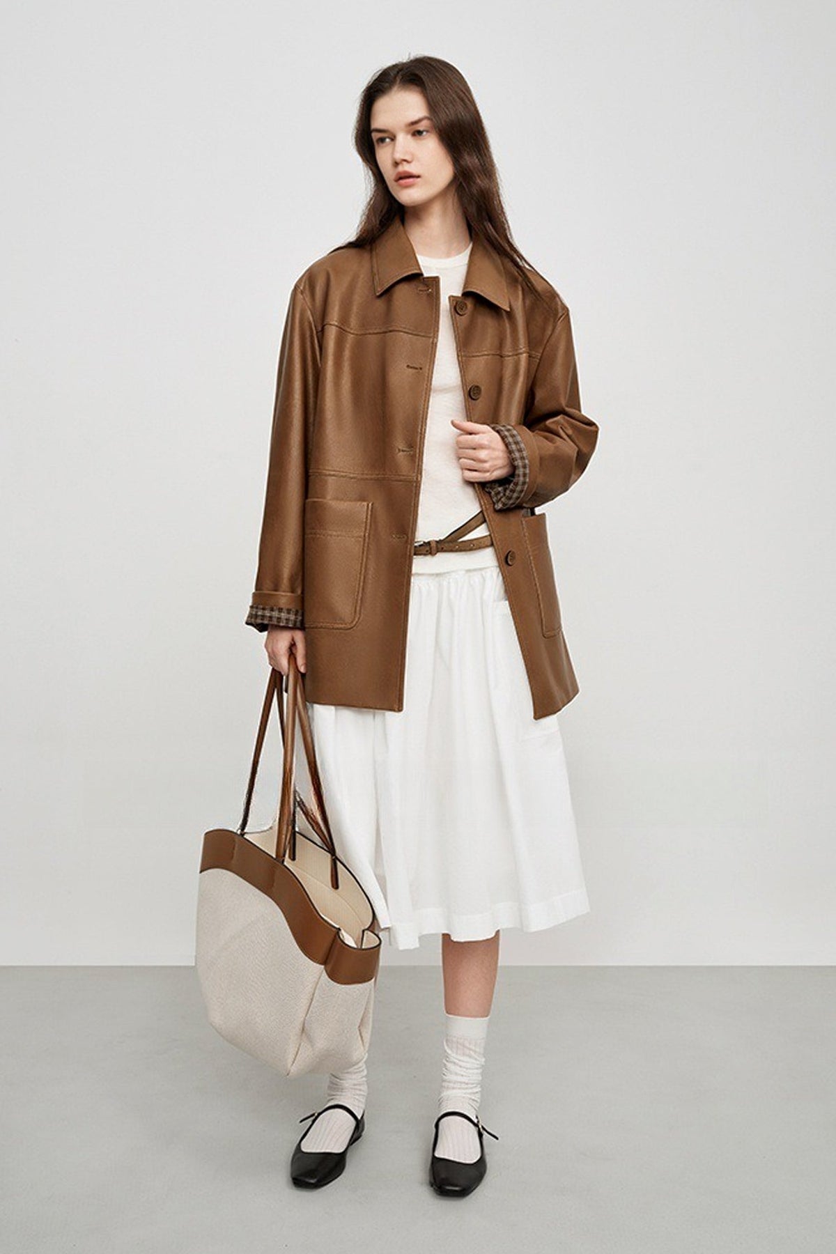 Spanish Sheepskin Leather Shirt Jacket with Plaid Cuff