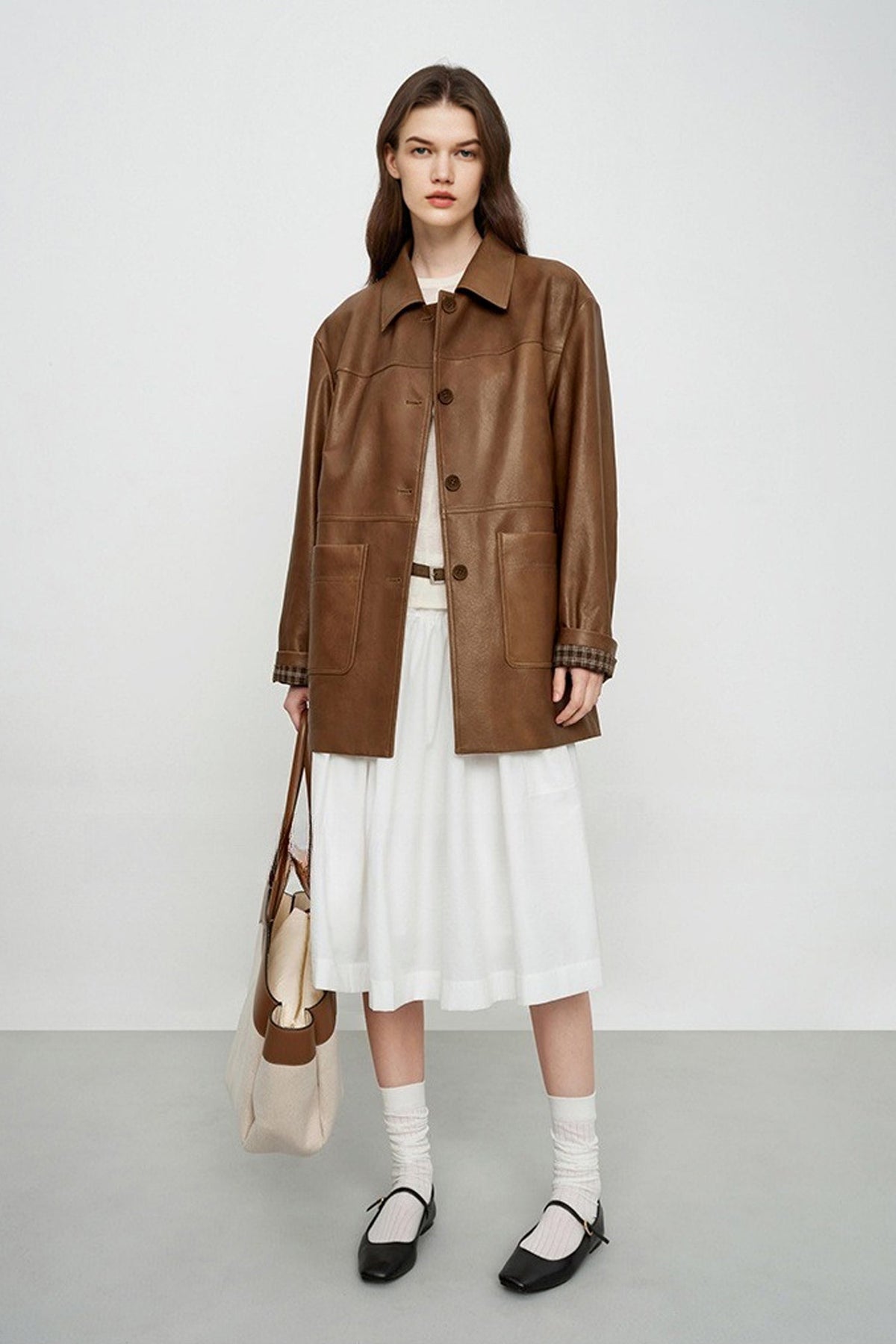Spanish Sheepskin Leather Shirt Jacket with Plaid Cuff
