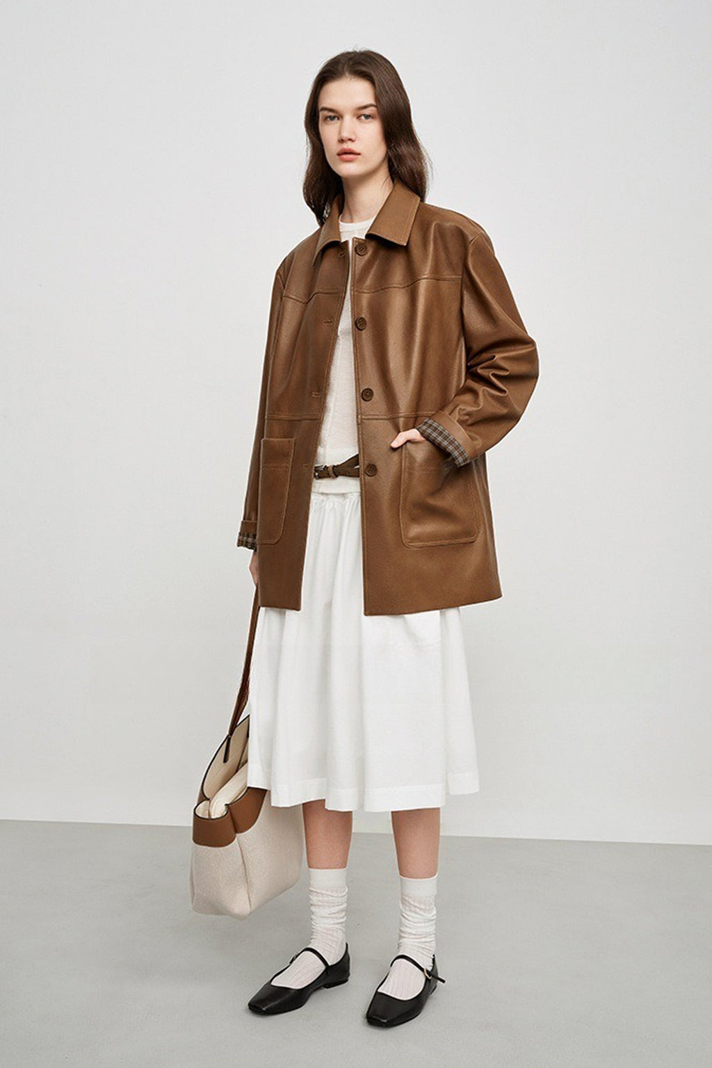 Spanish Sheepskin Leather Shirt Jacket with Plaid Cuff