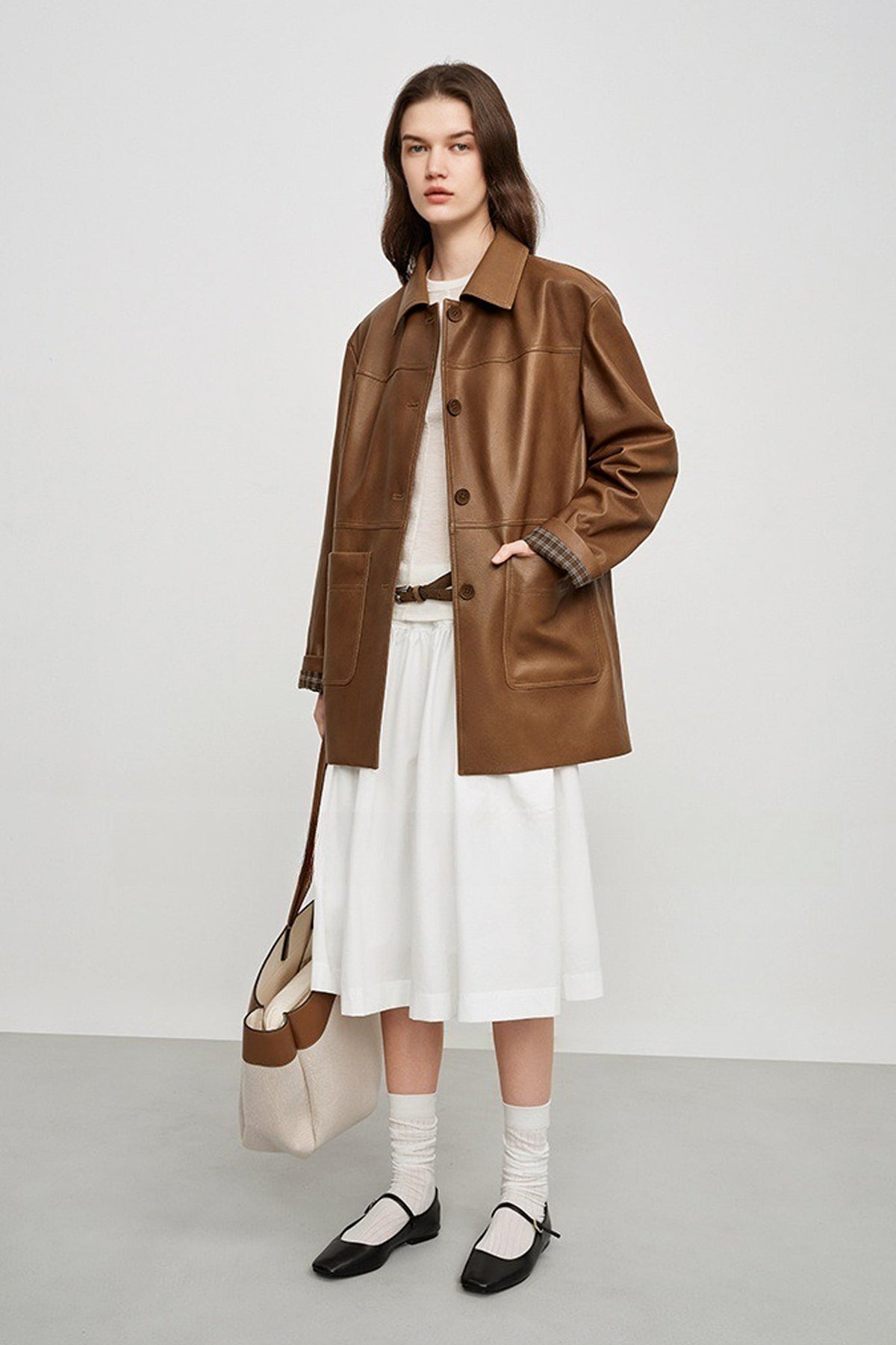 Spanish Sheepskin Leather Shirt Jacket with Plaid Cuff