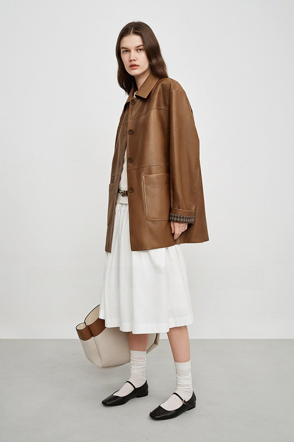 Spanish Sheepskin Leather Shirt Jacket with Plaid Cuff