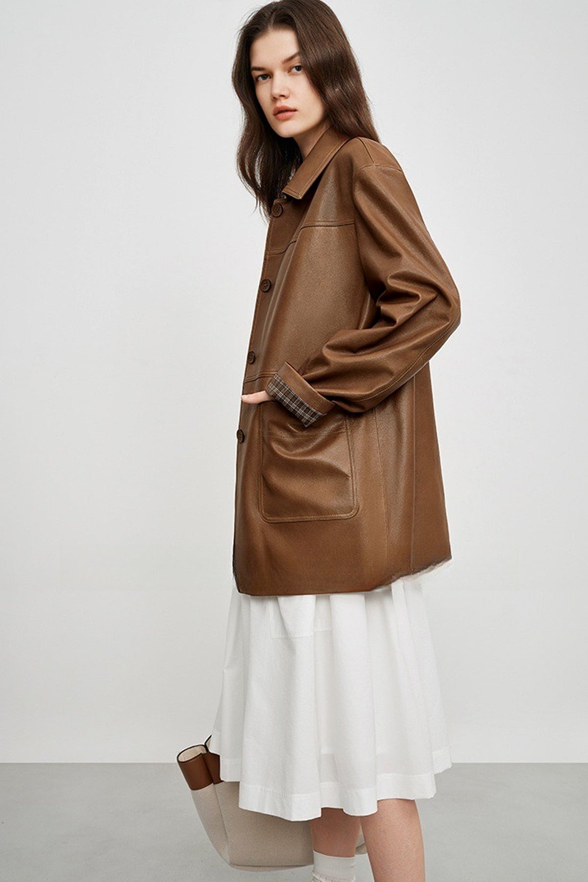 Spanish Sheepskin Leather Shirt Jacket with Plaid Cuff