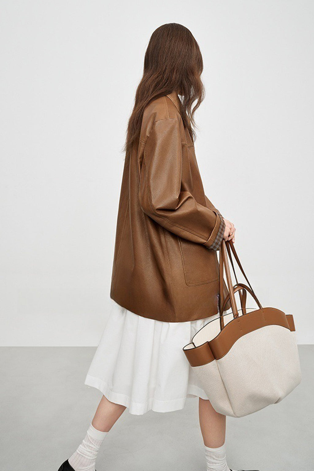 Spanish Sheepskin Leather Shirt Jacket with Plaid Cuff