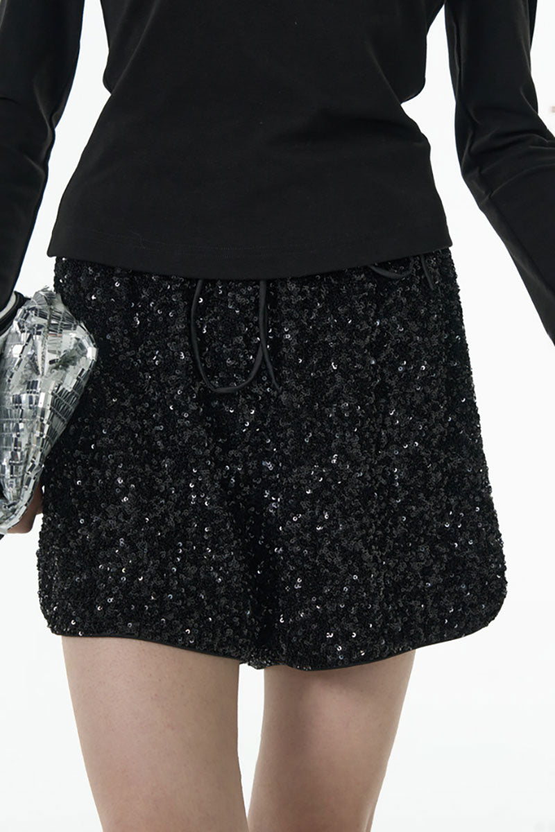Sparkly Sequin High-Waisted Drawstring Shorts
