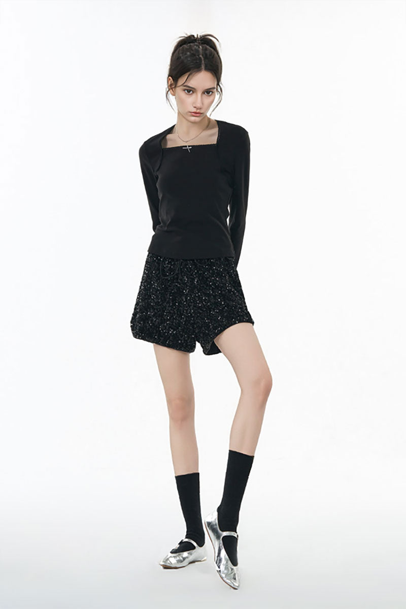 Sparkly Sequin High-Waisted Drawstring Shorts