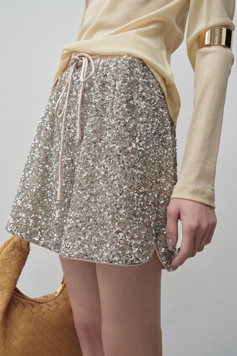 Sparkly Sequin High-Waisted Drawstring Shorts