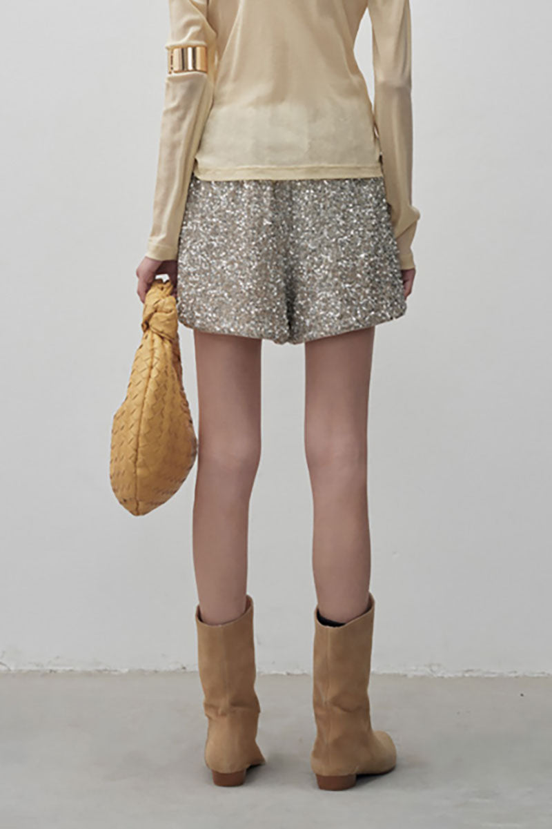 Sparkly Sequin High-Waisted Drawstring Shorts