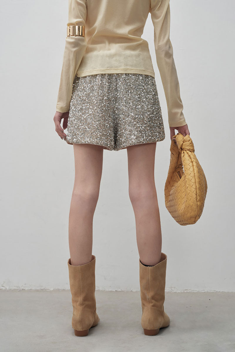 Sparkly Sequin High-Waisted Drawstring Shorts